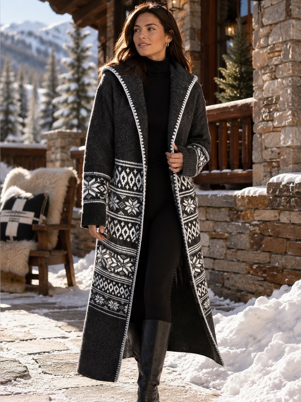 ASPEN Gray and White Longline Hooded Nordic Cabincore Sweater, L